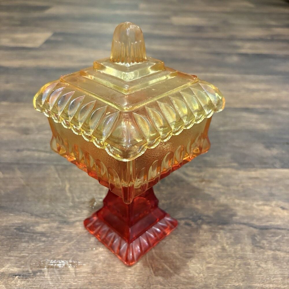 Vintage Amberina Glass Covered Pedestal Square Wedding Box Dish 8.5" - Picture 3 of 8